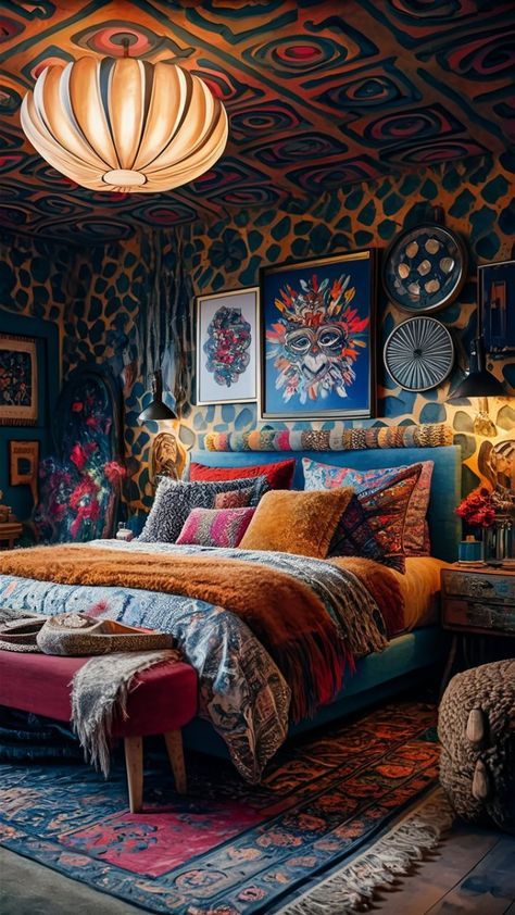 Maximalist Decor Vintage Bedroom, Maximalist Lighting, Maximalist Interior Bedroom, Boho Maximalism Bedroom, Maximalist Bedroom Aesthetic, Eclectic Maximalist Bedroom, Maximalist Rooms, Maximalist Room Decor, Maximalist Decor Vintage