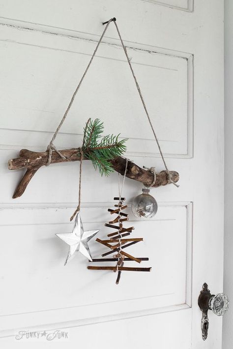 rustic twig Christmas tree ornament on a branch / http://funkyjunkinteriors.net Twig Christmas Tree, Diy Christmas Ornaments Easy, Diy Christmas Ornament, Rustic Christmas Tree, Christmas Decorations For The Home, Easy Christmas Diy, Christmas Decorations Rustic, Christmas Decorations Ornaments, Noel Christmas