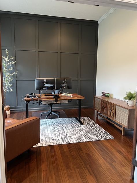 Slate Wall Office, Masculine Office Accent Wall, Office With Dark Accent Wall, Dark Gray Accent Wall Office, Iron Ore Office Wall, Dark Accent Wall Office, Black Accent Wall Office, Home Office Accent Wall, Dark Grey Office