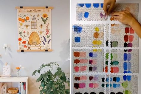 Display Puzzles On Wall, Puzzle Wall Display, Puzzle Display, Puzzle Wall Art, Easy Storage Hacks, Poster Hanger, Clever Hacks, Storage Hacks, Painters Tape