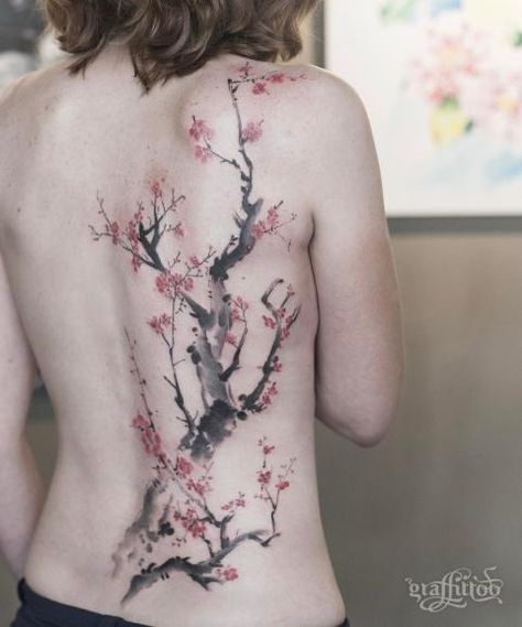 Cherry Tree Tattoos, Watercolor Tattoo Tree, Cherry Blossom Tree Tattoo, Tree Tattoo Back, Blossom Tree Tattoo, Sakura Tattoo, Tattoo Back, Tree Tattoo Designs, Inspiration Tattoos