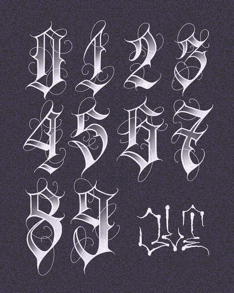 Fonts Design Goth Numbers Font, Number Fonts Aesthetic, Numbers In Fonts, Valiant Aesthetic, Gothic Script Calligraphy, Numbers Font Design, Letter A Font Design, Cholo Style Letters, Chicano Number Fonts