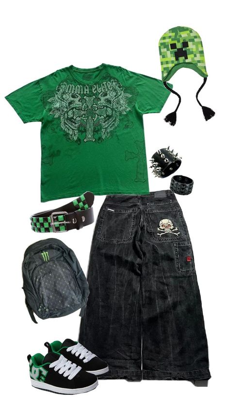 green y2k outfit Green 2000s Outfit, 2010s Fashion Men, Masculine Y2k Outfits, Boy Y2k Outfit, Masc Y2k Outfits, Y2k Fit 2000s, Green Scene Outfit, Scene Outfits Boy, Y2k Boy Outfits