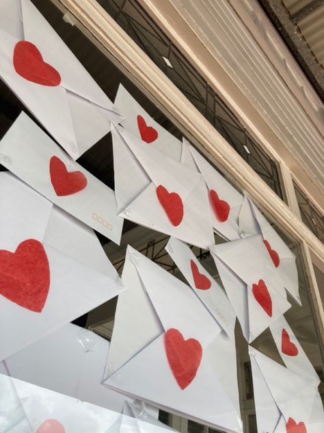 Diy Valentines Window Decorations, Window Valentine Decor, Valentines Store Display Retail, Valentine's Window Display, Valentines Store Decor, Valentines Day Store Display, Valentines Retail Display, Anthropologie Valentines Display, Valentines Shop Window Display