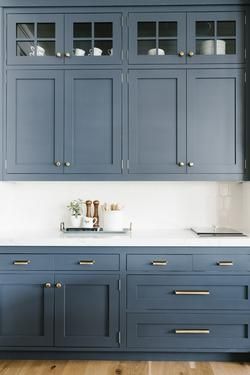 Cabinets: Evening Dove by Benjamin Moore.  New Build – Shop House of Jade Blue Gray Kitchen Cabinets, Grey Blue Kitchen, Kabinet Dapur, Blue Kitchen Cabinets, Blue Cabinets, Grey Kitchen Cabinets, Kitchen Cabinet Colors, Transitional Kitchen, Grey Kitchens