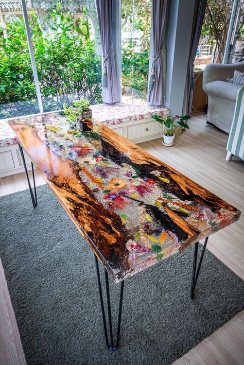 Wood & Floral Art Resin Table Acacia Wood With Botanical Art Resin Inlay 'colossal Bloom' Custom Handcrafted Statement Table - Etsy Epoxy Wood Table Flower, Flowers In Resin Table, Resin Table With Flowers, Large Resin Projects, Floral Resin Table, Resin Tables With Wood, Resin Table Top Diy, Seashell Table, Statement Table