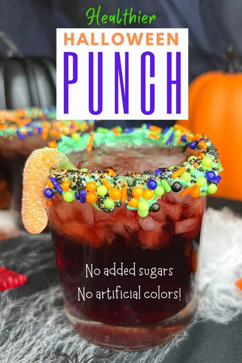 Easy Halloween Punch With Alcohol, Low Sugar Punch, Easy Halloween Punch For Kids, Sugar Free Halloween Punch, Sugar Free Punch Recipes, Halloween Punch Healthy, Halloween Punch Nonalcoholic, Halloween Drinks Kid Friendly, Kid Friendly Halloween Punch