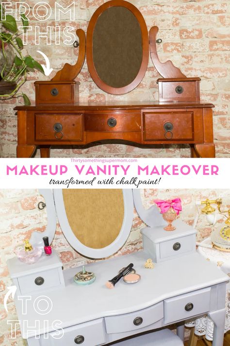 I am excited to share this makeup vanity makeover so you can see how chalk paint transforms even rough pieces of furniture. Plus I love the back story on this piece, check out the full furniture makeover.  #countrychicpaint #countrychicpaintlove #ad Makeup Vanity Makeover, Painted Makeup Vanity, Chalk Paint Ideas, Painted Makeup, Vanity Makeup Rooms, Vanity Table Vintage, Diy Projects For Adults, Vanity Makeover, Country Chic Paint