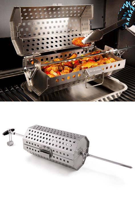 A perforated stainless steel rotisserie basket for roasting vegetables, potatoes, French fries, BBQ wings, kabobs, and so much more. Plus, one half can be used as a grill top wok as well. Potatoes Fries, Barbeque Design, Bbq Rotisserie, Roasting Vegetables, Stainless Steel Bbq Grill, Bbq Wings, Bbq Smoker, Outdoor Bbq Kitchen, Bbq Kitchen