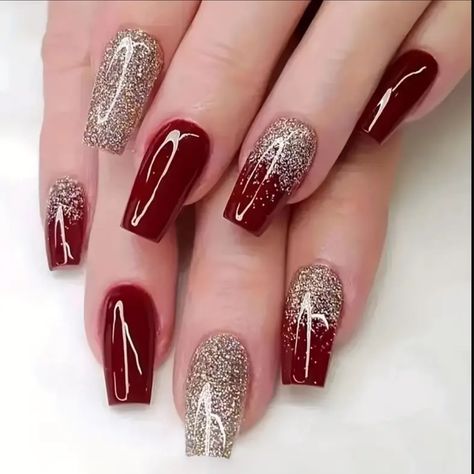 24pcs Golden Glitter Square Press On Nails - Medium Size Acrylic Wine Red Design For Bridal Wedding Use Brand New Never Worn! Golden Nail Art, Ballet Nails, Golden Nails, Bridal Nail Art, Long Press On Nails, Fancy Nails Designs, Nagel Tips, Nails For Women, Nail Designs Glitter