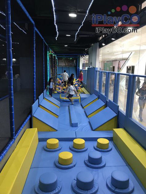 Backyard Cafe, Indoor Playground Design, Ninja Course, Commercial Indoor Playground, Trampoline Room, Indoor Play Area, Entertainment Center Design, Backyard Trampoline, Kids Cafe