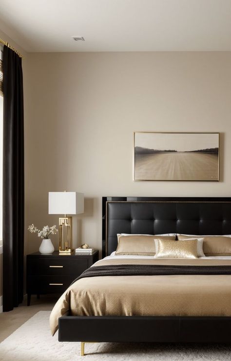 Black Upholstered Bed Decor, Black Upholstered Bed Decor Ideas, Beige And Black Bedroom Ideas, Beige And Black Bedroom, Black And Cream Bedroom, Black Upholstered Bed, Beige Bed Frame, Beige Upholstered Bed, Beige Walls Bedroom