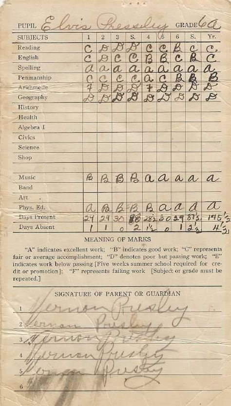 July 3, 1949: Elvis got his 8th grade report card from Humes High. He got a C in music. Here's Elvis' report cards. Failing Grades, Elvis Quotes, Rare Elvis Photos, Titanic Artifacts, Elvis Memorabilia, Elvis Presley Videos, Vintage Scrapbook Paper, Report Cards, Elvis Presley Images