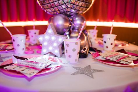 Fabulous disco table details at NOTORiOUS KiDS Popstar party at The Arts Club Disco Table, Popstar Party, Pop Star Party, Roblox Party, 25 Birthday, Kids Party Planner, Event Studio, Arts Club, Rock Star Party