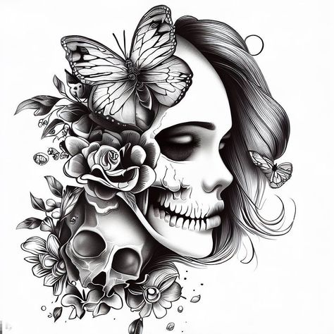 See Nothing Hear Nothing Tattoo, Half Woman Half Skull Tattoo Design, Tattoo Ideas Female Skull, Woman’s Skull Tattoo, Half Skull Half Butterfly Tattoo, Half Face Half Skull Tattoo, Feminine Skull Tattoos For Women, Half Woman Half Skull Tattoo, Stars Line Art