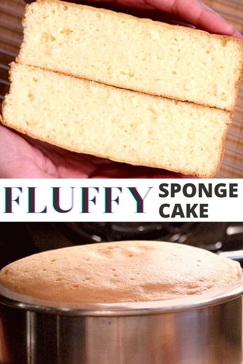 2 photos of fluffy sponge cake, one on a hand and the other in a oven Fluffy Sponge Cake Recipe, Genoise Sponge Cake Recipe, Sponge Cake Recipe Best, Genoise Sponge Cake, Basic Sponge Cake Recipe, Easy Sponge Cake Recipe, Cake Base Recipe, Fluffy Sponge Cake, Genoise Cake