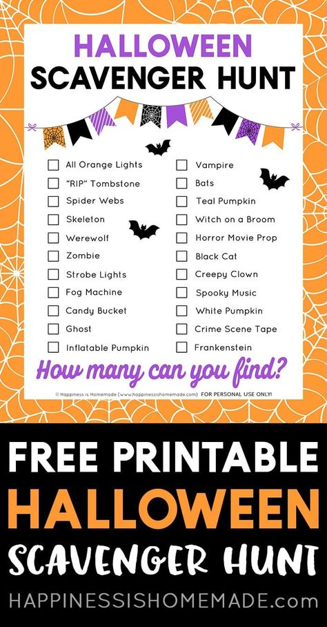 Free Printable Halloween Scavenger Hunt Game: This free printable Halloween Scavenger Hunt game is fun for all ages! Seek and find all the Halloween items - the first person to find them all (or find the most) wins! Halloween Decorations Scavenger Hunt, Halloween Picture Scavenger Hunt, Halloween Program Ideas, Halloween Scavenger Hunt For Teenagers, Halloween Photo Scavenger Hunt, Halloween Scavenger Hunt For Kids, Halloween Hunt, Neighborhood Scavenger Hunt, Teacher Chairs