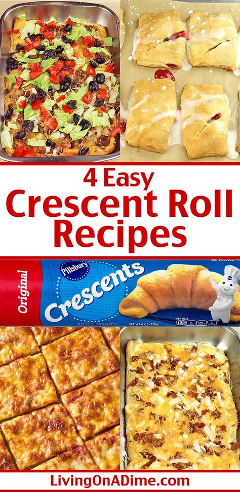 Here are 4 easy crescent roll recipes for tasty treats you can make in just minutes! Pizza bake, cherry turnovers, burrito bake and more! Crescent Dough Recipes, Easy Crescent Roll Recipes, Pillsbury Crescent Roll Recipes, Crescent Roll Recipes Dinner, Recipes Using Crescent Rolls, Easy Crescent Rolls, Crescent Recipes, Pillsbury Recipes, Crescent Roll Recipes