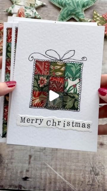 Mira on Instagram: "Made with teeny weeny 3/4” fabric squares, these quilted cards are a great way to up cycle those smallest of scraps!

You can switch it up with different colour schemes & messages to make them as birthday, anniversary, thank you, get well cards etc, too.

The YouTube video also has a demo on stamping and sketching - so you can follow step by step and create the fabulous cards on a regular sewing machine with a standard zigzag stitch 🙌

❤️ Do you fancy having a go? ❤️

The direct link to the video is in my stories, but you can also leave ‘card’ in the comments below and I’ll message it to you so you have it for future reference..

Happy scraps sewing 🙋‍♀️🥰

#fabricscraps #fabricscrapsproject #easysewing #upcycling #fabriccards #handmadecards #christmascards #creatives Sewing On Paper Cards, Quilted Birthday Cards, Sew Christmas Cards, Quilted Christmas Cards Handmade, Sewing Cards Templates, Fabric Xmas Cards, Fabric Birthday Cards Handmade, Christmas Fabric Cards, Paper Embroidery Cards