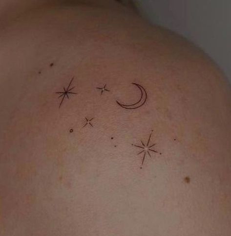 Star And Moon Tattoo Collar Bone, Pretty Tattoos Collar Bone, Minimalist Star Tattoo Design, Moon And Stars Rib Tattoo, Moon Star Tattoo Designs, Delicate Star Tattoo, Collar Bone Star Tattoo, Scattered Stars Tattoo, Star Collar Bone Tattoo