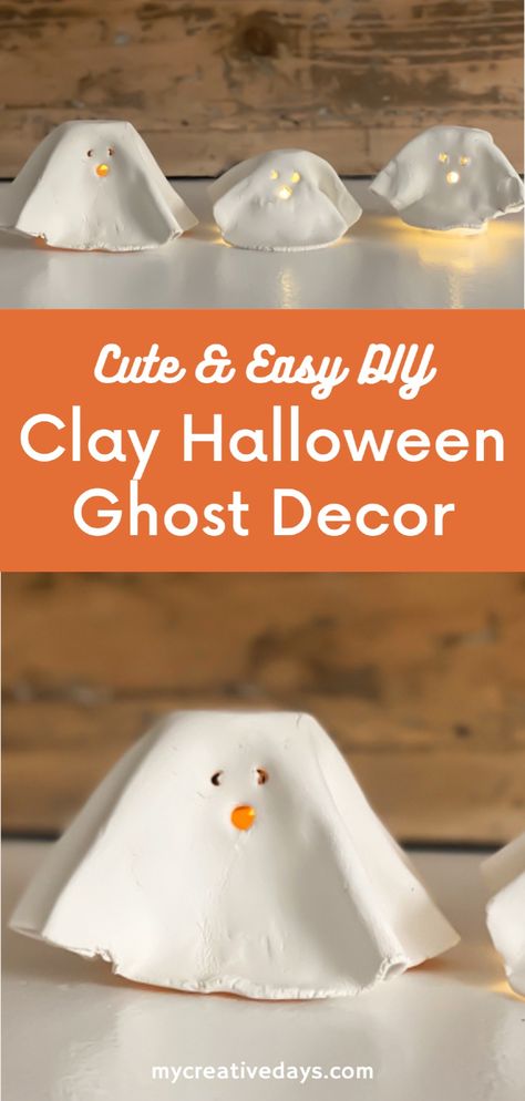 Looking for adorable and easy DIY Halloween decorations? These clay tea light ghosts are the perfect solution! Using air-dry clay, you can create these cute DIY ghost decorations that will add charm to your Halloween décor. Click through for this simple fall DIY décor tutorial. Air dry clay ghosts Dollar Store Fall Crafts, Dollar Tree Halloween Crafts, Ghost Halloween Decorations, Home Halloween Decorations, Clay Ghosts, Diy Ghost Decoration, Ghosts For Halloween, Porch Decor Halloween, Diy Halloween Ghosts