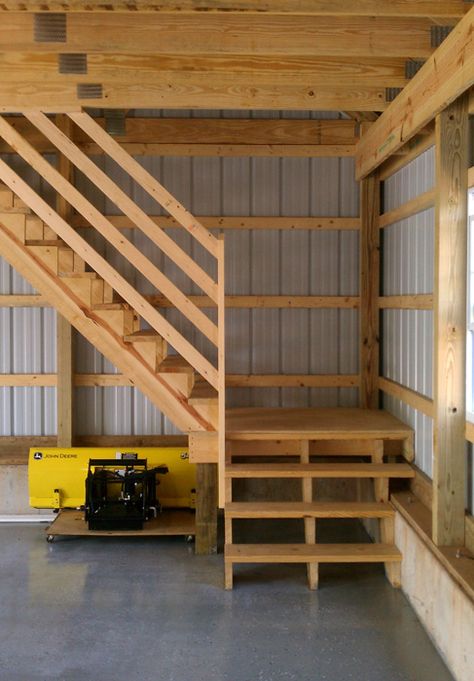 Loft Above Kitchen Ideas, Garage Loft Ideas, Shop Loft Ideas, Garage Mezzanine, Pole Barn Loft, Shop Building Ideas, Pole Barn Shop, Whimsigothic Home, Pole Barn Loft Ideas