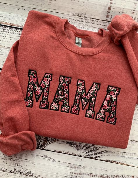 Mama Sweatshirt-Custom Embroidered Sweatshirt-Mother's Day Gift-Custom Sweatshirt-Crewneck Sweatshirt-Gift for Mom-Mom Gift-Mom Sweatshirt-Gift for Her-Mama Custom Embroidered MAMA Sweatshirt makes for a great gift for Mom.  This custom sweatshirt also makes for the perfect Mother's Day Gift. This crewneck sweatshirt is super soft, unisex in size and makes for a spectacular gift for her (or anyone). Main photo shows Heather Scarlet Mama sweatshirt with Pink Floral fabric and Black satin stitch e Mama Crew Neck Sweatshirt, Mom And Me Fall Shirts, Fall Mama Sweatshirts, Mama Sweatshirt With Onsie, Mama Sweater With Baby Clothes, Mama Onesie Sweatshirt, Momma Sweatshirt Ideas, Personalized Mama Sweatshirt, Dog Mama Sweatshirt