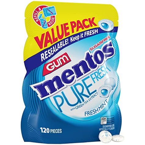 Amazon.com : Mentos Pure Fresh Sugar-Free Chewing Gum with Xylitol, Fresh Mint, 120 Piece Bulk Resealable Bag (Pack of 1) : Grocery & Gourmet Food Mentos Gum, Chewing Gum Brands, Spearmint Gum, Mint Gum, Sugar Free Gum, Peppermint Sugar, Sugar Free Candy, Free Candy, Bag Pack