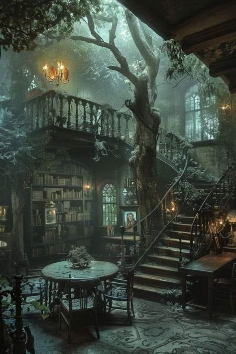 Fantasy Cottage Interior, Witch House Interior, Gothic Fireplace, Gothic Library, Forest House Ideas, Magical Library, Witch Hut, Witches House, Home In The Woods