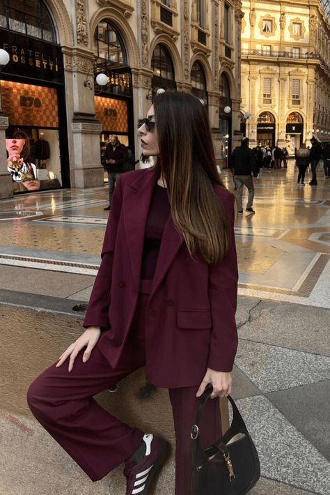 33+ Burgundy Outfit Ideas to Keep You Looking Fly and Feeling Cozy! Bordeaux, Plum Work Outfit, Burgandy Suit Woman, Grey And Maroon Outfit, Burgundy Monochrome Outfit, Burgundy Pants Outfit Women, Burgundy Aesthetic Outfit, Maroon Blazer Outfit, Red Trench Coat Outfit