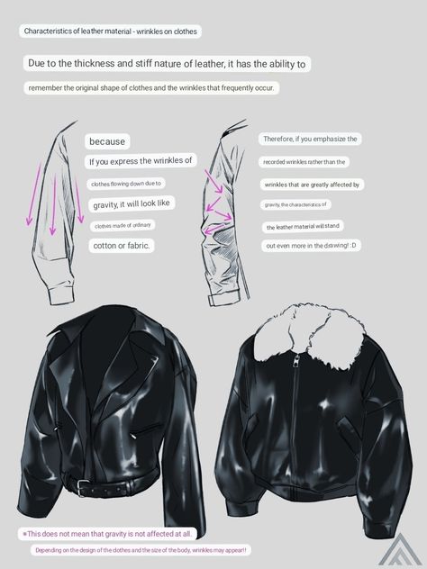 Leather Jacket Coloring Tutorial, Coloring Leather Digital Art, Leather Rendering Tutorial, Leather Jacket Drawing Tutorial, How To Draw Puffer Jacket, How To Paint Leather Jacket, Leather Drawing Reference, Jacket On Shoulders Drawing, Leather Jacket Drawing Reference