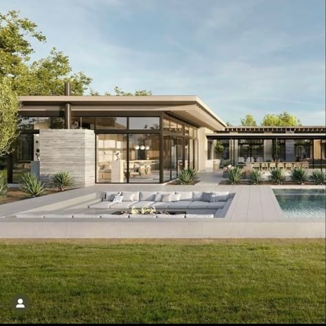 Courtyard With Fire Pit, Mountain Courtyard, Contemporary Ranch Home, Room Rendering, Pool Fire Pit, Concrete House Design, Modern Contemporary House Plans, Concrete Homes, Building Design Plan