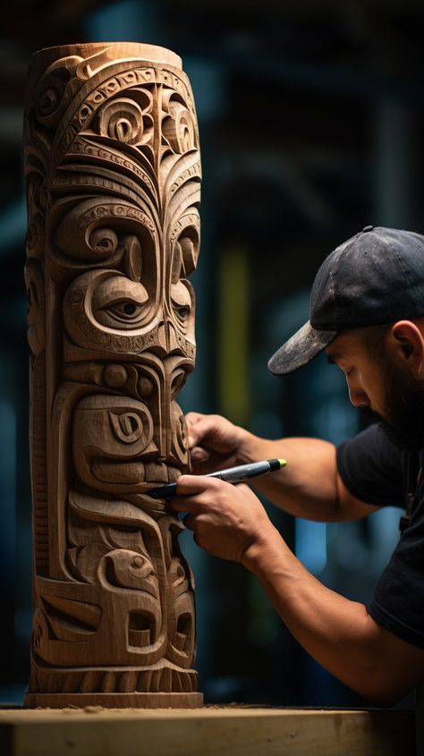 Artisan Carving Totem: A skilled artisan focuses intently as he carves intricate patterns into a wooden totem pole. #artisan #carving #totem #craftsmanship #woodwork #intricate #patterns #sculpture #aiart #aiphoto #stockcake https://ayr.app/l/fpD2 Modern Totem Pole, Maori Sculpture, Wooden Carving Design, Deer Totem, Totem Sculpture, Indian Totem, Totem Pole Art, Totem Design, Pole Art