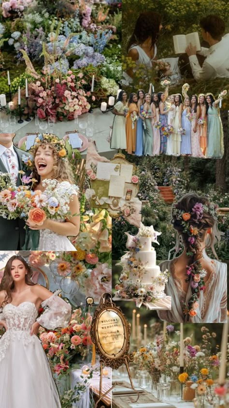 Cottagecore Wedding Aesthetic Bright Forest Wedding, Flower Fairy Wedding, Faerie Wedding Aesthetic, Hobbit Wedding Aesthetic, Secret Garden Theme Wedding, Pastel Forest Wedding, Eclectic Garden Wedding, Cottagecore Wedding Theme, Wedding Wildflower Theme