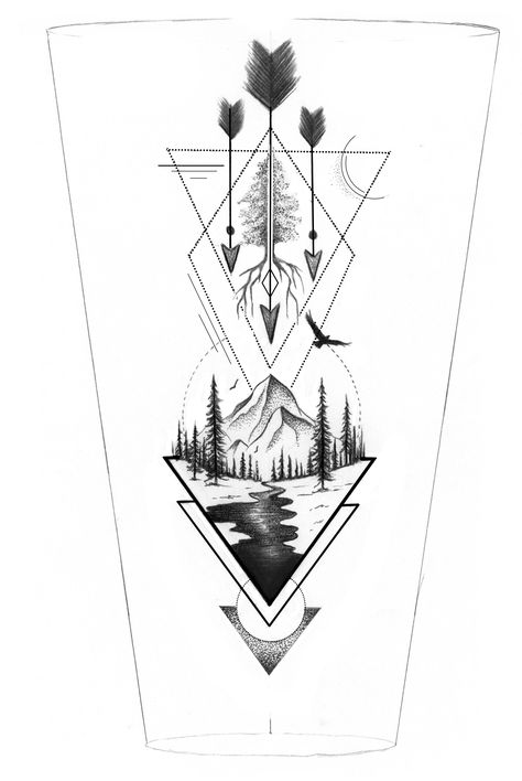 Geometric Forearm Tattoo Women, Moutain Tattoos For Women, Mountain Geometric Tattoo, Geometric Tattoo Half Sleeve, Adventure Tattoo Nature, Mountains Tattoo Design, Geometric Nature Tattoo, Fill In Tattoo Ideas Sleeve, Moutain Tattoos