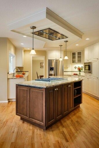 Ceiling mount hood with false ceiling Kitchen Island Vent, Hood Fans, Kitchen Island Range Hood, Kitchen Island Range, Kitchen Hood Ideas, Island With Stove, Kitchen Island With Stove, Small Kitchen Island Ideas, Model Dapur