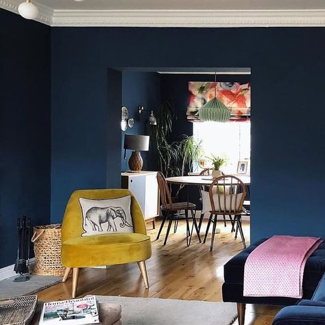 Little Greene on Instagram: “Hicks' Blue is perfectly complemented with rich yellow furnishings, velvet adds texture and depth to this sumptuous scheme.  Image:…” Full House Remodel, Open Living Room Design, Navy Blue Living Room, Blue Lounge, Bedroom Design Inspiration, Open Living Room, Blue Living Room, Blue Rooms, Room Remodeling