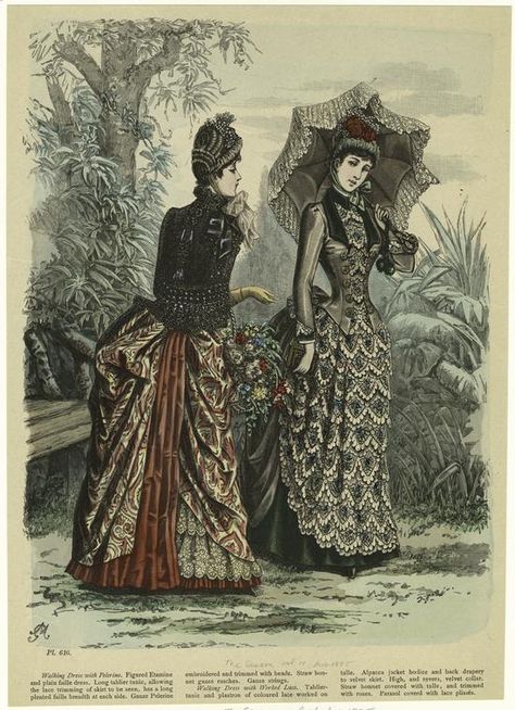 1885 Walking Dress With Pelerine ; Walking Dress With Worked Lace. From New York Public Library Digital Collections. 1880 Fashion, Victorian Fashion Plates, Walking Dress, Victorian Era Fashion, 1880s Fashion, 1800s Fashion, Bustle Dress, Victorian Ladies, Victorian Costume