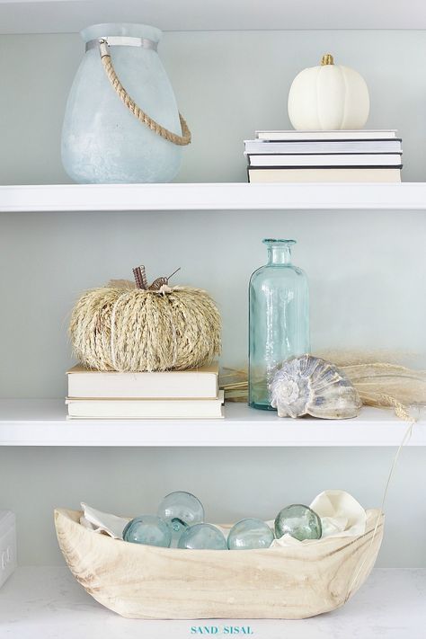 Coasting into Fall Home Tour + HomeGoods Giveaway Neutral Fall Color Palette, Coastal Fall Decor, White Pumpkin Decor, Fall Decor Home, Styl Hampton, Coastal Fall, Fall Decorating Ideas, Decorating Bookshelves, Glass Floats