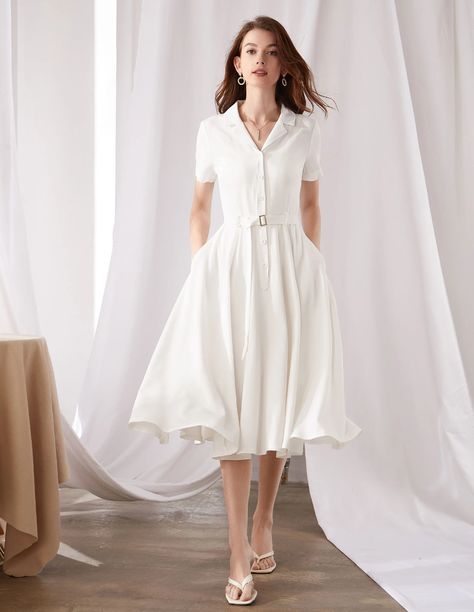 White Midi Shirtwaist Dress Wedding Guest Dress Fit and | Etsy Australia Mod Style Women, 1950s Woman, Button Up Shirt Dress, White Short Sleeve Dress, Shirt Dress Summer, Shirtwaist Dress, Cotton Linen Dresses, White Midi, Professional Dresses