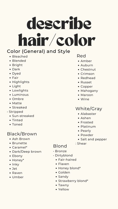 Words To Describe Hair Color, How To Describe Hair Color, How Describe Characters, Description Writing Prompts, How To Describe Hair Color In Writing, Creative Writing Vocabulary, Describing Hair Color In Writing, Describing Mens Hair Writing, Allergies For Characters