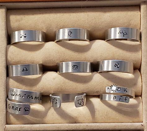 Stamp Ring Ideas, Metal Stamping Rings, Stamp Rings, Metal Stamped Rings, Stamped Rings Ideas, Hand Stamped Ring, Metal Jewelry Making, Metal Stamped Jewelry, Stamped Rings