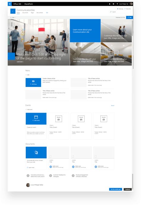 SharePoint online communication sites explained - ShareGate Sharepoint Online Design Ideas, Sharepoint Design Layout, Sharepoint Intranet Design Inspiration, Sharepoint Design Ideas, Sharepoint Design, Sharepoint Intranet, Web Design Inspiration Layout, Contact Us Page Design, Internal Comms