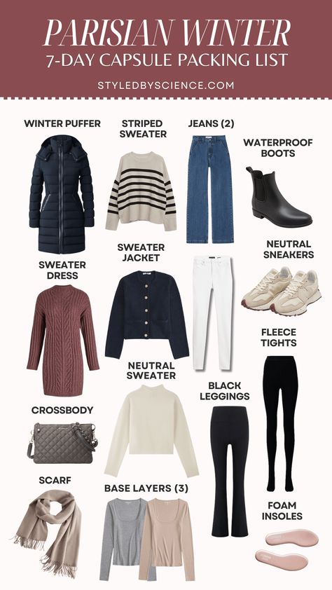 What to Pack for 7-Days in Paris: Winter Travel Capsule Paris Winter Travel Capsule, Ireland Packing List Winter, Winter European Travel Outfits, Winter Fashion In Paris, Winter Honeymoon Outfits, Paris Winter Outfit, Europe Winter Outfits, Winter Capsule Wardrobe Travel, Winter Travel Wardrobe