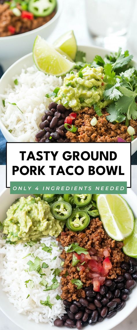 Image for Tasty Ground Pork Taco Bowl Ground Pork Tacos With Slaw, Pork Sausage Tacos, Spicy Ground Pork Recipes, Pork Taco Bowl, What To Make With Ground Pork, Recipes Using Ground Pork, Pork Sausage Recipes Dinner, Ground Pork Recipes Easy, Recipe Using Ground Pork