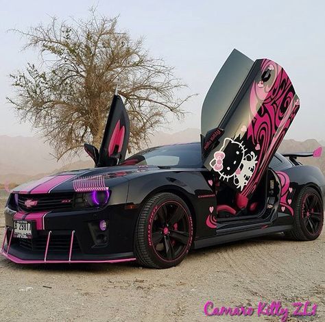 Hello Kitty Lamborghini, Camero Cars Aesthetic, Hello Kitty Car Wallpaper, Hello Kitty Car Wrap, Hello Kitty Tesla, Pink Hell Cat Car, Hello Kitty Hellcat, Pretty Cars For Women, Hello Kitty Race Car