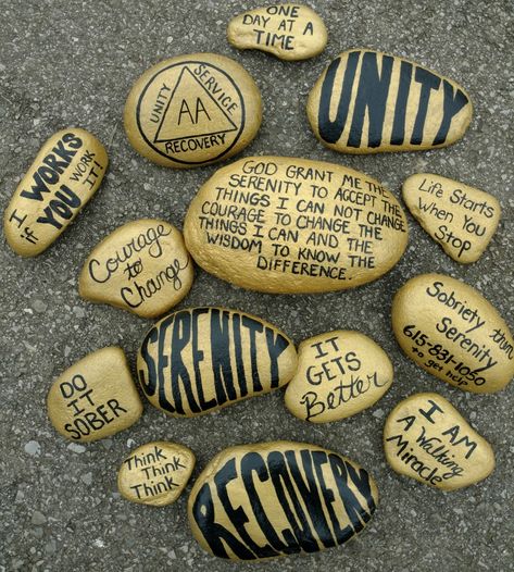 Alcoholics Anonymous AA recovery Serenity Unity inspirational rock painting Recovery Arts And Crafts, Recovery Crafts, Unity Painting, Vintage Camper Art, Aa Recovery, Camper Art, Inspirational Rocks, Rock Painting Tutorial, Art Therapy Projects