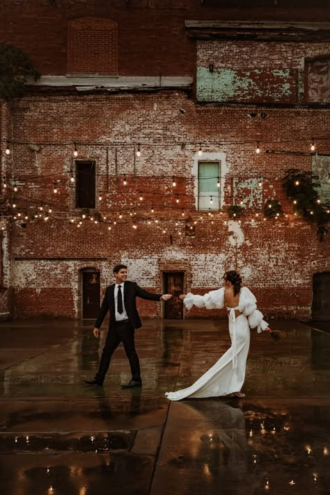 Industrial Chic Wedding — Ashley Lewis · Film and Photography Industrial Building Wedding, Brick Wedding Photos, Dark Industrial Wedding, Industrial Wedding Aesthetic, Industrial Wedding Photoshoot, Urban Wedding Photoshoot, Elegant Industrial Wedding, Urban Wedding Photos, Fall Industrial Wedding