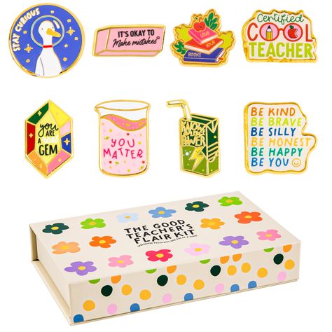 PRICES MAY VARY. Adorable designs - These 8 unique pins come in a cute gift box suitable for giving to teachers, classmates, colleagues, and more. 8 pins: Stay Curious; It's okay to make mistakes; Love your books; Certified cool teacher; You are a real gem; You matter; Knowledge power; Be kind, Be brave, Be silly, Be honest, Be happy, Be you. Perfect gift or for everyday wear - These lapel pins are the perfect gift for that special teacher in your life. But, they can also be worn on daily clothi Future Teacher Gifts, Student Birthday Gifts, School Swag, Teacher Accessories, Teacher Gift Baskets, Cute Teacher Gifts, Teacher Birthday Gifts, Student Birthdays, Male Teacher