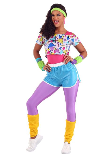 PRICES MAY VARY. Size: Small COSTUME INCLUDES: This Women's 80s Work It Out Shorts Costume is a bodacious retro workout outfit that's perfect for your next 80s party! The costume outfit comes with a pink leotard, a geometric print crop top, purple leggings, blue shorts, a green headband, green wristbands, and yellow leg warmers. FROM FUN COSTUMES: Our goal is to help you have exciting and fun costume experiences! And with this throwback workout outfit for women, you'll look like you just time wa 80s Womens Costume, Yellow Leg Warmers, Plucked Eyebrows, 80s Aerobics, Look 80s, 80s Workout, Side Ponytails, 80s Party Outfits, Purple Tights